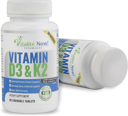 Vitalité Now! Best Vitamin D3 2000 IU + K2 - Optimized Absorption in Best Form MK7 for Lung Health, Strong Bones & Healthy Heart - All Natural - Cherry Flavor - 90 Chewable Tablets - 3 Month Supply!