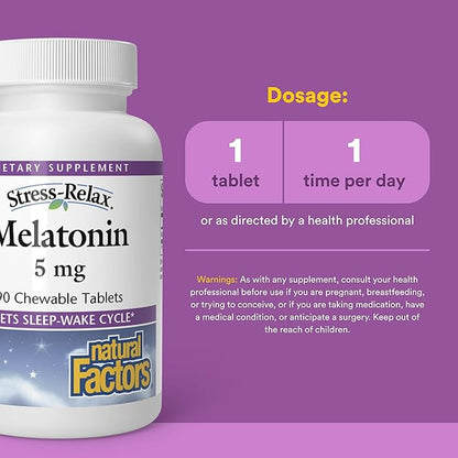 Stress-Relax Melatonin 5 mg by Natural Factors, Natural Sleep Aid, Resets the Sleep-Wake Cycle, 90 chewable tablets (90 servings), Peppermint Flavor