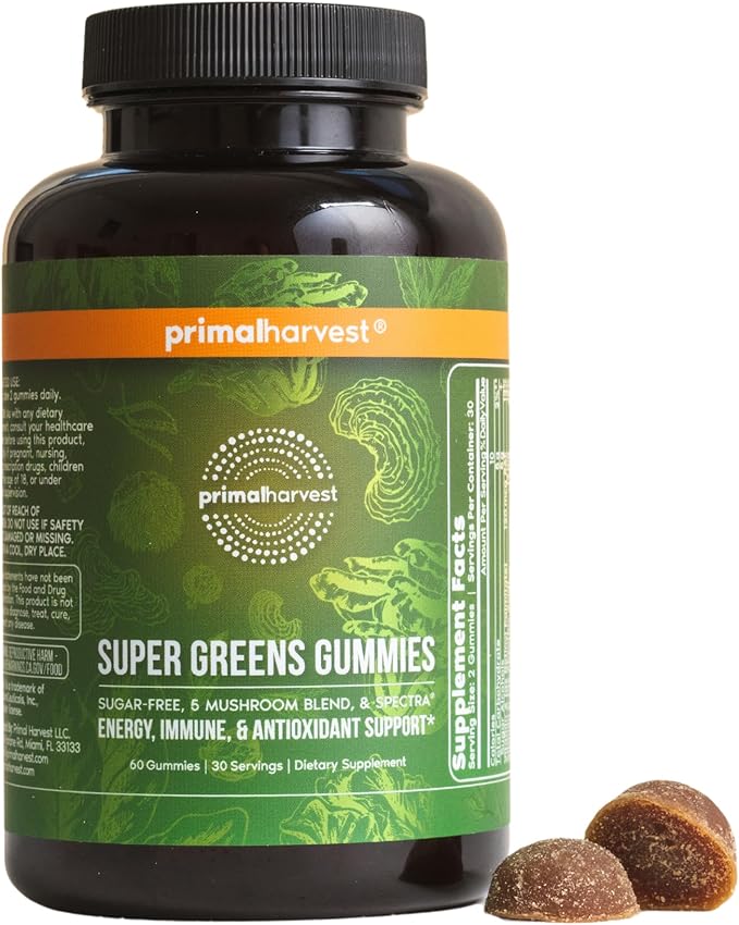 Primal Harvest Super Greens Gummies, Superfood Blend with Adaptogenic Mushrooms Vitamins & Nutrient-Rich Minerals & Antioxidants for Energy & Immune Support 1 Pack 60 Count,
