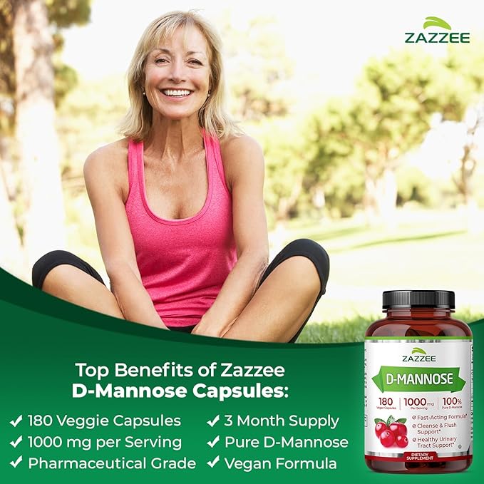 Zazzee D-Mannose, 1000 mg per Serving, 180 Vegan Capsules, 3 Month Supply, Potent & Fast-Acting, Certified Kosher, 100% Pure, All-Natural Urinary Tract Health Support, 100% Vegetarian, Non-GMO