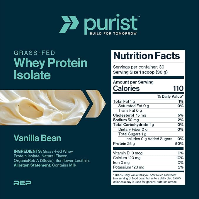 PURIST REP Whey Protein Powder, Premium Vanilla Grassfed Isolate,Workout Recovery, Keto Friendly, Clean Nutrition Meal Replacement, Promotes Lean Muscle, Sugar and Gluten-Free Women Men, 2 Lb