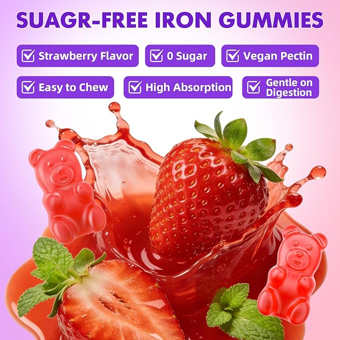 softbear Iron Gummies for Women & Men & Kids, Chewable Iron Supplements with Vitamin C,B3,B5,B6,B12 Supports Immune System, Energy & Vitality, Sugar-Free/Vegan, Strawberry Flavor 120 Count