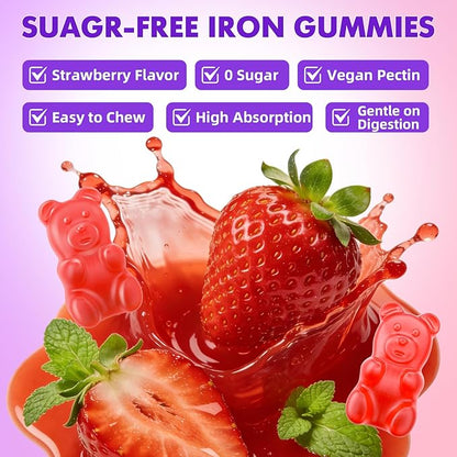 softbear Iron Gummies for Women & Men & Kids, Chewable Iron Supplements with Vitamin C,B3,B5,B6,B12 Supports Immune System, Energy & Vitality, Sugar-Free/Vegan, Strawberry Flavor 120 Count