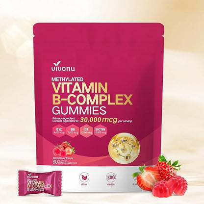 Vitamin B Complex Gummies, 6000 mcg Methylated Vitamin B12, with B6 B1, B2, B3, B5, B7, Methylfolate, Vitamins A C D E, Vegan, Non GMO, Methylated B Complex Vitamin - 60 Gummies