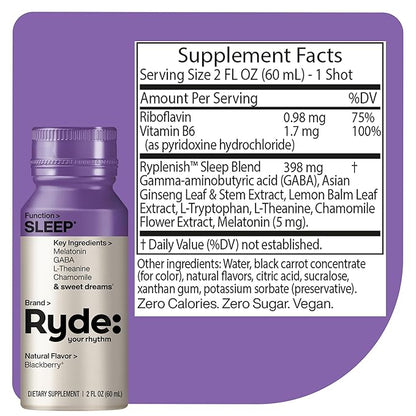 Ryde: SLEEP | 2oz Sleep Shot for Occasional Use | Melatonin, GABA, L-Theanine & Chamomile | Blackberry Natural Flavor | Sugar-Free, Zero Calories, Vegan | Manufactured in USA (24 Pack)