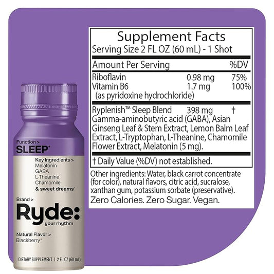 Ryde: SLEEP | 2oz Sleep Shot for Occasional Use | Melatonin, GABA, L-Theanine & Chamomile | Blackberry Natural Flavor | Sugar-Free, Zero Calories, Vegan | Manufactured in USA (24 Pack)