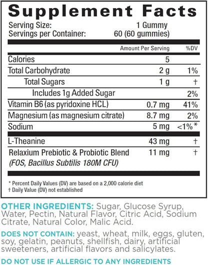 Relaxium Calm Gummies - Calm, Gut Health + Immune Support, Developed in the USA, with Vitamin B6, Magnesium, L-Theanine + Prebiotic & Probiotic Blend, Lemon Flavor, 60 Gummies