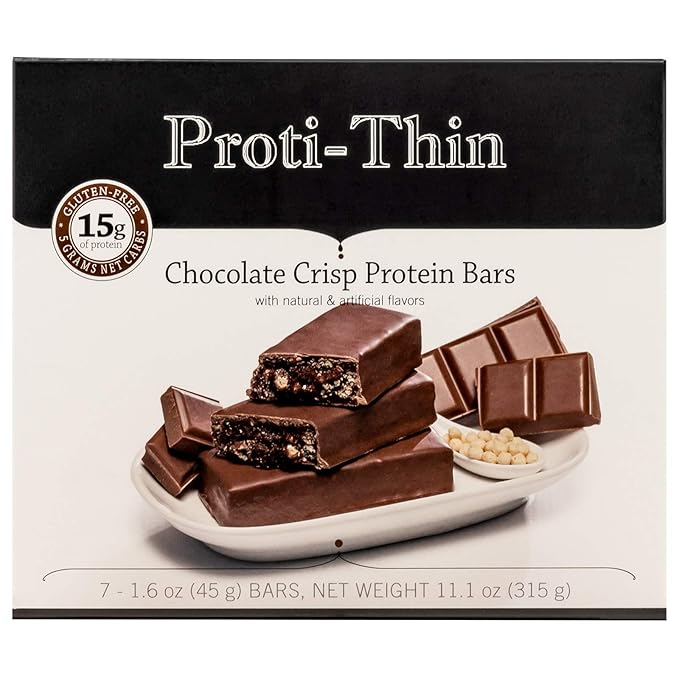 Proti-Thin Chocolate Crisp High Protein Bars, 15g Protein, Low Carb, Low Fat, Low Sugar, No Gluten Ingredients, Ideal Protein Compatible, Aspartame Free, 7 Count Box