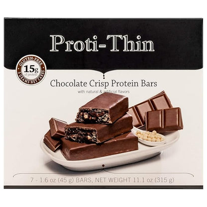 Proti-Thin Chocolate Crisp High Protein Bars, 15g Protein, Low Carb, Low Fat, Low Sugar, No Gluten Ingredients, Ideal Protein Compatible, Aspartame Free, 7 Count Box