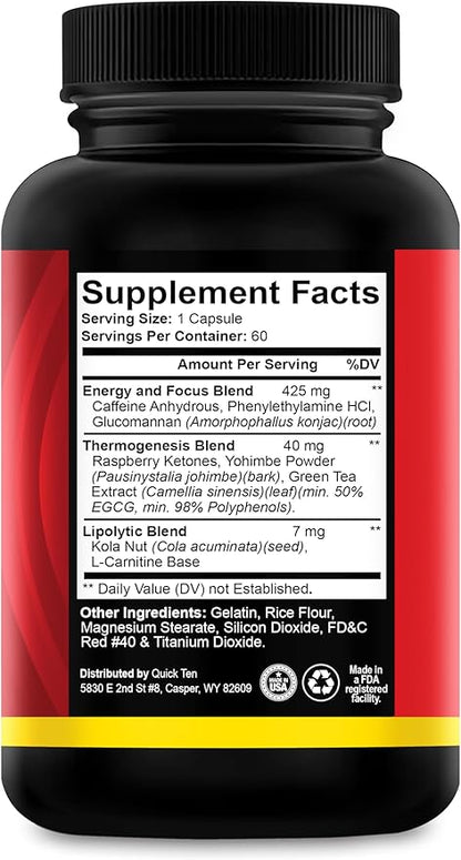 Drop 10 Quick – Diet Pills for Women & Men – Powerful Fat Burner, Appetite Suppressant, Metabolism Booster – Rapid Weight Loss Supplement – 60 Capsules