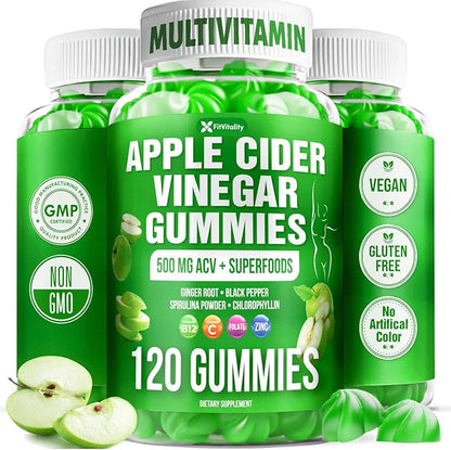 120 Premium Apple Cider Vinegar (ACV) Gummies, Formulated with Vitamin B12, Zinc, Ginger & Vitamin C,120 | Vegan - Gluten Free - Non GMO