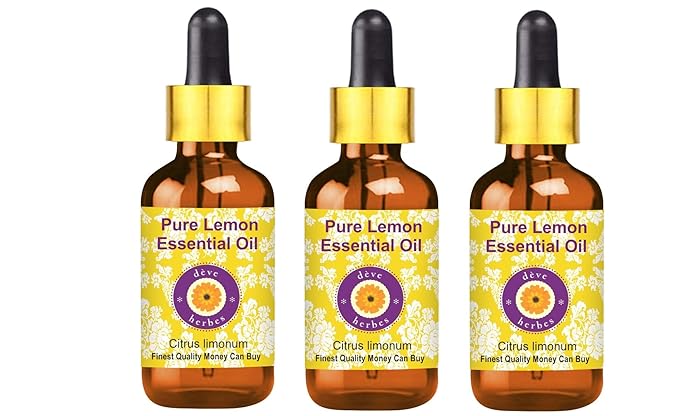 Deve Herbes Pure Lemon Essential Oil (Citrus limonum) with Glass Dropper Steam Distilled (Pack of Three) 100ml X 3 (10 oz)