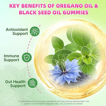 Oil of Oregano with Black Seed Oil, 2-in-1 Black Seed Oil Supplement for Women & Men Support Antioxidant Health, Sugar Free & Vegan Raspberry Herbal Gummies, 120 Count