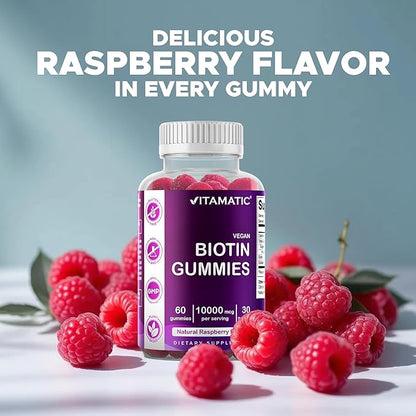 Vitamatic Biotin Gummies 10,000 mcg for Stronger Hair, Skin & Nails - 60 Vegan Gummies - Also Called Vitamin B7 (1 Bottle)