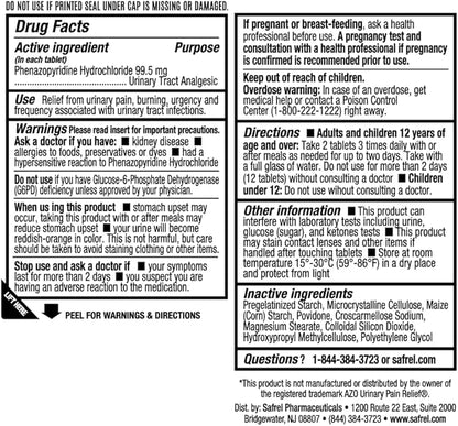 Safrel Urinary Pain Relief | UTI Relief | Fast Acting | Bladder Discomfort & Pain Relief | Phenazopyridine Hydrochloride 99.5mg (28 Count)