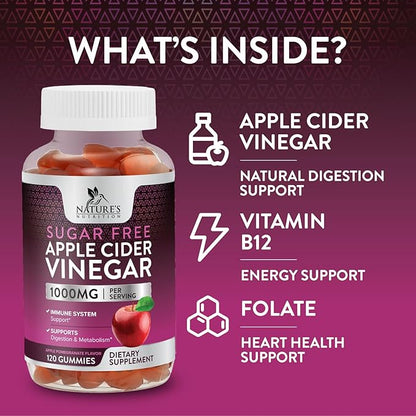 Apple Cider Vinegar Gummies for Weight Loss, Zero Sugar - Apple Cider Vinegar Powder 1000mg Per Serving - Vegan Apple Cider Vinegar Gummy for Detox & Cleanse - Sugar Free ACV Supplement - 120 Gummies