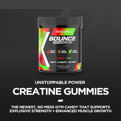 Bounce Pro Creatine Monohydrate Gummies for Men & Women, Low Calorie, 6G of Creatine per Serving, Vegan, Anti-Melting, Gluten-Free, Non-GMO, 2g of Creatine per Gummy (30ct, Cherry Lime)