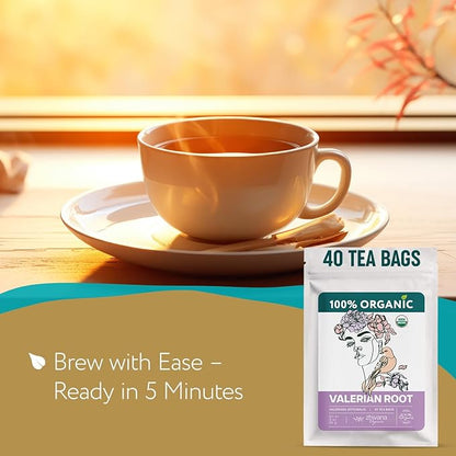 Valerian Root Tea Organic (40 Tea Bags) - Valeriana Herb – Calming Herbal Infusion for Sleep, Healthy Stress Response - Te para Dormir de Noche