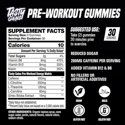 TASTY GAINS - Pre-Workout Gummies – Energy & Focus Boost, Caffeine Gummies for Men & Women, 200mg of Caffeine, Fat-Burning Preworkout for Strength & Endurance (60, Pineapple Mango)