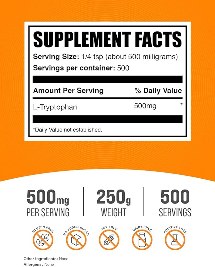 BulkSupplements.com L-Tryptophan Powder - Tryptophan Supplement, Amino Acid Supplement - Gluten Free, 500mg per Serving, 250g (8.8 oz) (Pack of 1)