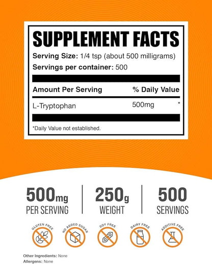 BulkSupplements.com L-Tryptophan Powder - Tryptophan Supplement, Amino Acid Supplement - Gluten Free, 500mg per Serving, 250g (8.8 oz) (Pack of 1)