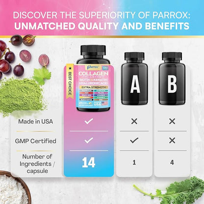 Collagen Peptides Types I, II, III, V & X, MCG Biotin, Keratin, Hyaluronic Acid, MSM, Zinc, Grape Seed Extract, Quercetin, Vitamin A, Vitamin C, Vitamin E, Magnesium, Folic Acid (270 Capsules)