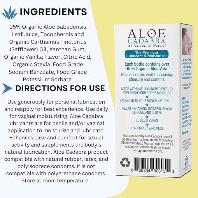 Aloe Cadabra Flavored Personal Lubricant and Vaginal Moisturizer, Organic Edible Aloe Lube for Men, Women and Couples, Non-Staining, pH Balanced, Toy Compatible (Tahitian Vanilla, 2.5 Ounces, 2 Pack)