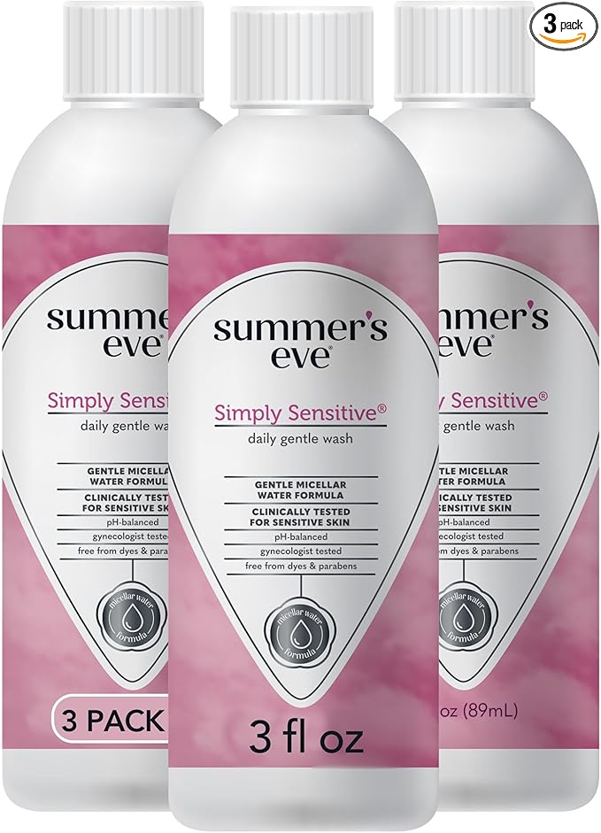 Summer's Eve Simply Sensitive Travel Size All-Over Feminine Wash, pH Balance Feminine Wash Formulated to Remove Odor, 3 Fl Oz, Pack of 3