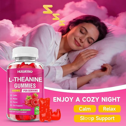L-Theanine Gummies 400mg, L-Theanine Supplement for Kids & Adults with Ashwagandha, GABA, 5HTP for Calm, Zzz & Relaxation Support, Raspberry Flavor, 60 Counts
