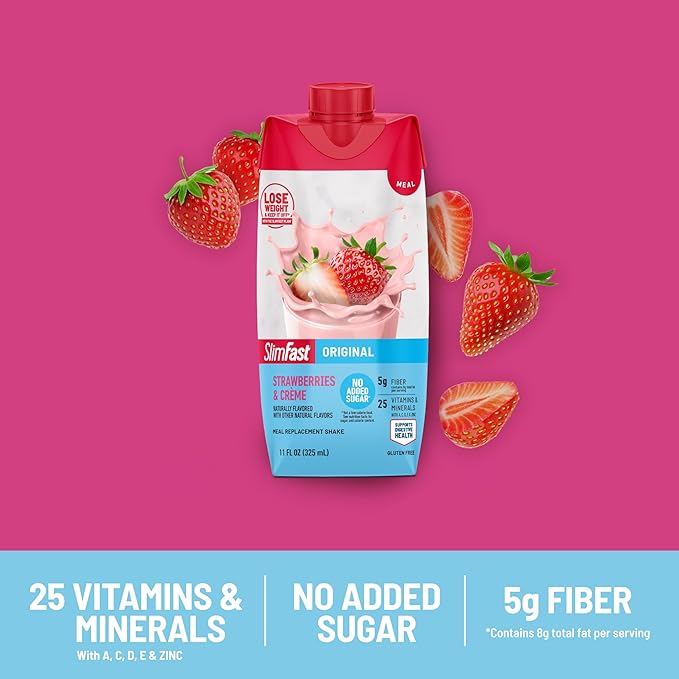 SlimFast Meal Replacement Shake, Original Strawberries & Crème, No Added Sugar, Meal Replacement Shakes, 10g Ready to Drink Protein, 5g Fiber, 25 Vitamins and Minerals, 11 Fl. Oz, 12 Count (Pack of 2)