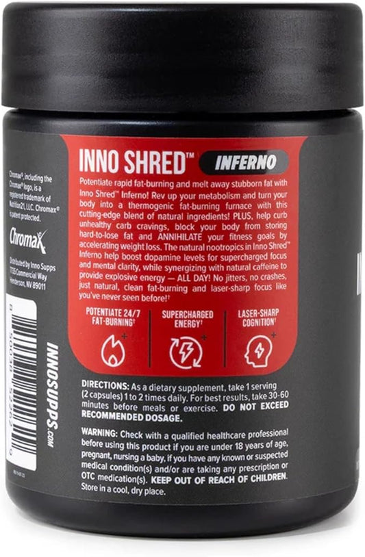 Inno Shred Inferno Thermogenic Fat Burner for Men & Women - Appetite Suppressant, Energy & Metabolism Support with MitoBurn, Paradoxine, Chromax, Green Tea - 60 Capsules, 30 Servings