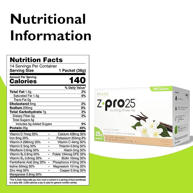 R-Kane Nutritionals Z-Pro Vanilla Protein Drink Mix - High Protein, Low Calorie Low Fat Shake and Pudding Mix - Meal Replacement, On-the-Go Packets - Breakfast Boost - 25g Protein - 14 Packets