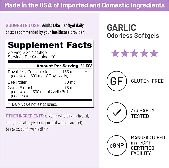 NatureWise Odorless Garlic Pills - with Royal Bee Jelly & Pollen - Herbal Supplement for Heart Health + Immune System + Antioxidants - Gluten Free, Non-GMO - 60 Softgels [2-Month Supply]