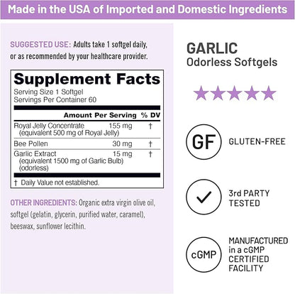 NatureWise Odorless Garlic Pills - with Royal Bee Jelly & Pollen - Herbal Supplement for Heart Health + Immune System + Antioxidants - Gluten Free, Non-GMO - 60 Softgels [2-Month Supply]