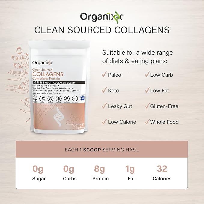 Organixx Clean Sourced Collagen Peptides Powder with Vitamin C, Types I, II, III, V, X Hydrolyzed Collagen, Hair, Nail, Skin, Bone & Joint Health, Aging Support, Gluten Free, Unflavored, 20 Servings