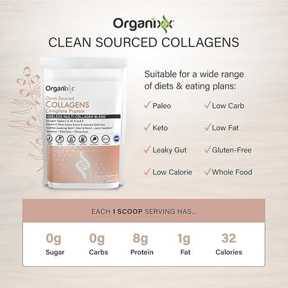 Organixx Clean Sourced Collagen Peptides Powder with Vitamin C, Types I, II, III, V, X Hydrolyzed Collagen, Hair, Nail, Skin, Bone & Joint Health, Aging Support, Gluten Free, Unflavored, 20 Servings