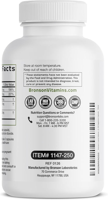 Bronson L-Lysine Defense Immune Support Complex 1500 MG L-Lysine Plus Olive Leaf, Garlic, Vitamin C and Zinc - Non-GMO, 250 Vegetarian Capsules