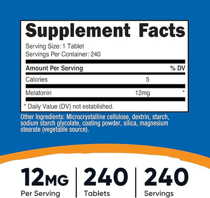 Nutricost Melatonin 12mg, 240 Tablets - 12mg Per Serving, Non-GMO, Gluten Free