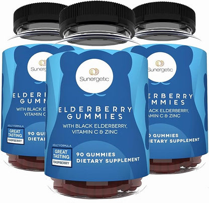 Sunergetic Premium Black Elderberry Gummies – Black Elderberry with Vitamin C & Zinc – Helps Support Immune System – Great Tasting Sambucus Elderberry Gummies – Raspberry Flavored – 90 Gummies