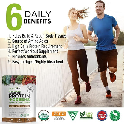 Plantvital Vegan Protein Powder Plant Based, Organic Protein Powder Chocolate 24g/0g Sugar, 12 Superfoods, Veggies, Probiotics, Raw Cocoa, Kale, Beets, Spirulina, Pea, Gluten-Free, Keto-Friendly,32oz
