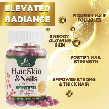 Hair, Skin & Nails Vitamins - Biotin 5000mcg Per Serving - Extra Strength Hair Growth Support For Women with Collagen, Argan Oil - Beautiful Skin, Hair & Nails Supplement - USA Bottled - 120 Softgels