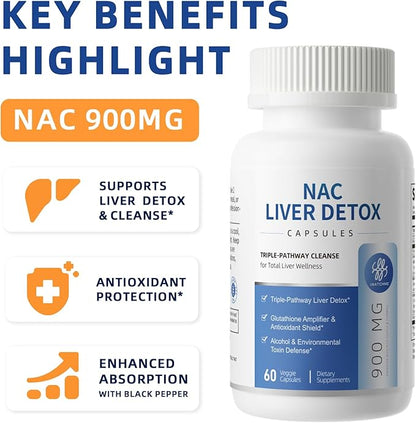 NAC Supplement 900 mg – Liver Cleanse Detox & Repair, Antioxidant & Cellular Health, Alcohol Defense Support – N-Acetyl Cysteine Capsules with Milk Thistle, Turmeric, Dandelion & Artichoke – 60 Count
