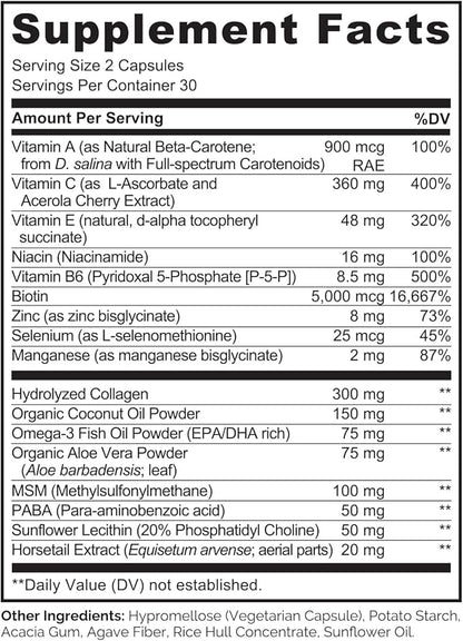 NATURELO Hair, Skin and Nails Vitamins - 5000 mcg Biotin, Collagen, Natural Vitamin E - Supplement for Healthy Skin, Hair Growth for Women and Men – 60 Capsules