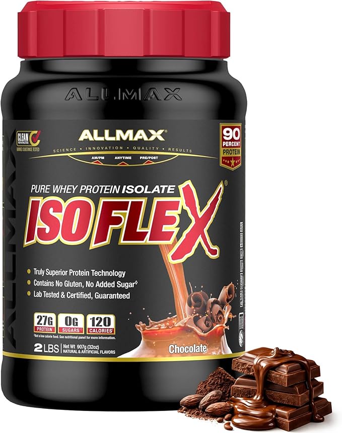 ALLMAX ISOFLEX Pure Whey Isolate Protein Powder - Gluten Free, Low Lactose, Sugar-Free - High-Protein, Clean, Keto-Friendly for Pre Post Workout Supplement for Women and Men | Chocolate, 2lb