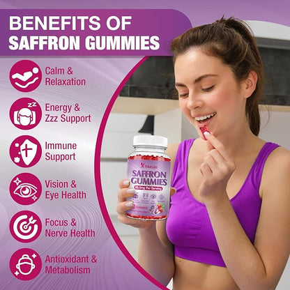 2 Pack Saffron Supplements Gummies for Kids & Adult, 88.5mg Saffron Extract with Vitamin D3, B6, Magnesium, Ashwagandha, L-Theanine for Clam, Energy, Focus, Sugar-Free, Strawberry Flavor, 120 Count