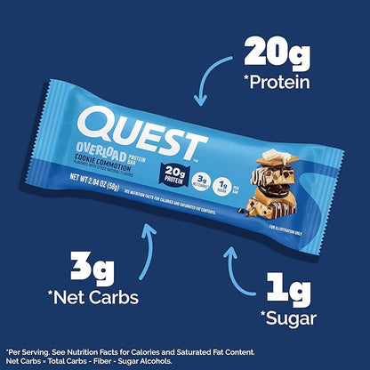 Quest Nutrition Overload Protein Bars, Cookie Commotion, 20g Protein, 1g Sugar, 3g Net Carbs, Gluten Free, 12 Count