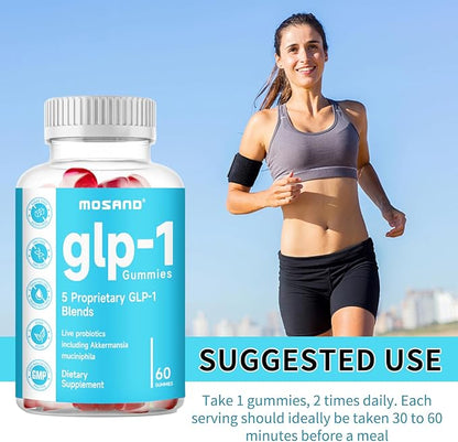 GLP-1 Probiotic Gummies, GLP-1 Supplement with Akkermansia Probiotic, Berberine, No Sugar Added for Gut & Digestion Health,Strawberry Flavor-60 Gummies