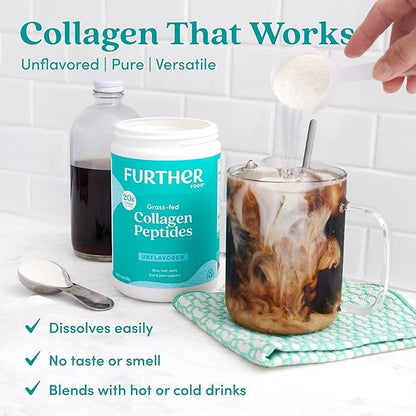 Further Food Unflavored Collagen Peptides Powder - 100% Grass-Fed, Hydrolyzed Type 1 & 3, 20g of Collagen per Serving, Supports Skin, Hair, Nails & Joints, 9.88 Oz