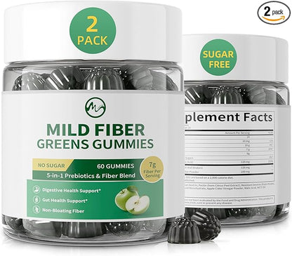 M inch Fiber Gummies for Adults Women Men Sugar Free - Fiber Supplement Support Digestive, Gut & No Bloating* - 7g High Fiber per Serving, Daily & Soluble, 2 Pack, Apple Flavor, Vegan, Non GMO