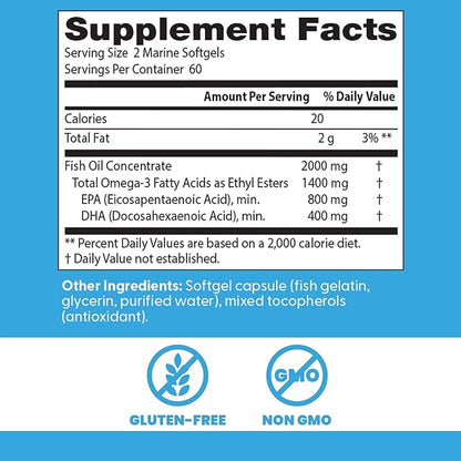 Doctor's Best Omega 3 Fish Oil Supplement for Women & Men - Source of DHA, EPA, & Omega-3 Fatty Acids, Purified, High 2000 mg Potency, Heart Health Support, Non-GMO, Gluten Free - 120 Marine Softgels